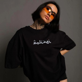 Kadın Bisiklet Yakalı Sırt Baskılı Oversize Kısa kol T-Shirt - Siyah